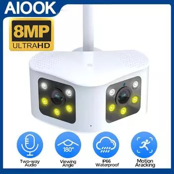 AIOOK Уличная камера безопасности CCTV Высокое разрешение 8MP Широкоугольная камера 180° WiFi Водонепроницаемая IP-камера ночного видения Двустороннее аудио PIR Интеллектуальный