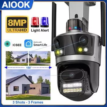 AIOOK Уличная камера безопасности HD 8MP 4K WIFI CCTV Водонепроницаемый двусторонний домофон Освещение Сигнализация Умная видеокамера ONVIF NVR PTZ Широкий угол обзора 180°