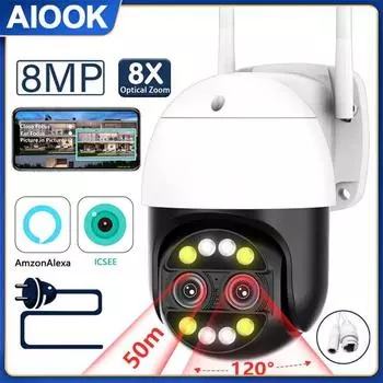 AIOOK Уличная камера безопасности HD 8MP 8-кратный оптический зум Wi-Fi камера видеонаблюдения Цветная камера ночного видения IP66 Водонепроницаемая AI-обнаружение Домофон IP WIFI камера ICSEE