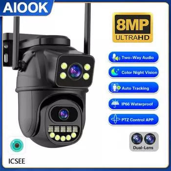 AIOOK Уличная камера безопасности Водонепроницаемая HD 8MP 4K WIFI CCTV Ночное видение Двусторонний аудиовызов Камера с приложением ICSEE PTZ Обнаружение движения людей onvif