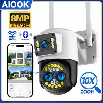 AIOOK уличная камера видеонаблюдения с 10-кратным зумом, Wi-Fi, HD 8MP, 4K, ночное видение, двусторонний диалог, камера безопасности, водонепроницаемая, солнцезащитная, с дистанционным просмотром