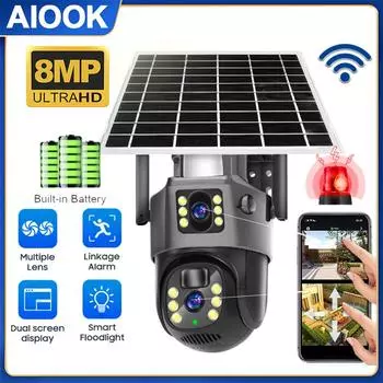 AIOOK уличная солнечная камера 4G HD с двойным объективом 8MP 4K Wi-Fi PTZ камера видеонаблюдения двухсторонняя аудиодомофонная водостойкая полноцветная камера ночного видения