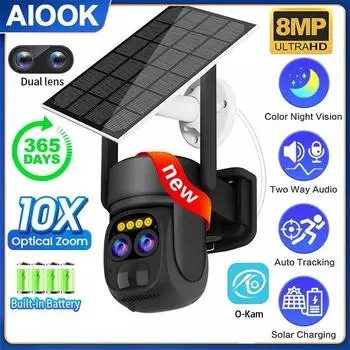 AIOOK Уличная солнечная камера безопасности HD 8MP 4K 10X Оптический зум WIFI CCTV Полноцветное ночное видение IP66 Водонепроницаемый аудиодомофон Удаленный просмотр