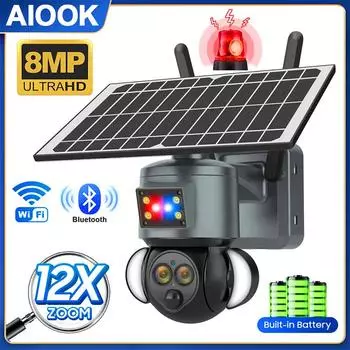 AIOOK Уличная солнечная камера безопасности HD с двойным объективом 8MP WiFi камера видеонаблюдения 12x оптический зум AI отслеживание людей ночного видения Водонепроницаемая IP-камера для внутренней связи