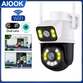 AIOOK Уличная Wi-Fi камера видеонаблюдения HD 8MP 4K IP-камера с двумя объективами Цветная камера ночного видения IP66 Водонепроницаемый приложение ICSEE Двусторонний диалог Удаленный просмотр