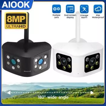 AIOOK Уличная водонепроницаемая IP-камера HD 8MP 4K IP66 Водонепроницаемая камера безопасности Широкоугольный объектив 180 ° Двусторонняя аудиосвязь Полноцветное ночное видение