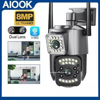 AIOOK V380 Pro CCTV Беспроводная уличная камера Wi-Fi 360 градусов 8 МП, 4K цвет ночного видения Двусторонний вызов Автоматическое отслеживание Дополнительный WIFI