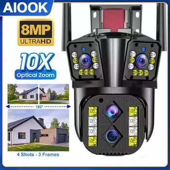 AIOOK WIFI камера безопасности 10-кратный ZOOM HD 8MP 180 ° Широкоугольный полноцветный ночной вид IP66 Водонепроницаемая двусторонняя аудиодомофон Видеокамера видеонаблюдения PTZ