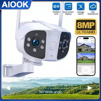 AIOOKШирокоугольная камера 180°Наружная водонепроницаемая HD 8MP 4K Wi-Fi камера безопасностиПолноцветное ночное видениеДвусторонний аудиодомофонДвойной экранный дисплей