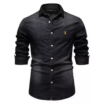 AIOPESON 2025 Мужская хлопковая джинсовая рубашка, мужская облегающая ковбойская рубашка с длинным рукавом для мужчин, весенние повседневные мужские джинсовые рубашки EUR S 55-65kg чёрный