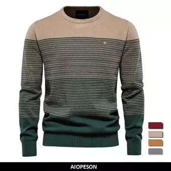 AIOPESON брендовый хлопковый свитер, мужские модные повседневные полосатые пуловеры с круглым вырезом, вязаный свитер, мужские новые зимние теплые мужские свитера M 55-65 kg винный