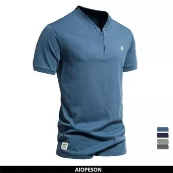 AIOPESON, мужская футболка из 100% хлопка, однотонная повседневная футболка на молнии с v-образным вырезом для мужчин, новые летние брендовые мужские футболки высокого качества S 60-70 kg темно-синий