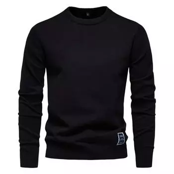 AIOPESON Мужские однотонные хлопковые вязаные свитера с круглым вырезом, повседневные модные классические свитера для мужчин EUR S 55-65kg чёрный