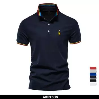AIOPESON, новые летние рубашки-поло для мужчин, однотонные рубашки-поло с вышивкой жирафа и короткими рукавами для мужчин, модные мужские рубашки с воротником-стойкой USA S 50-60 kg чёрный
