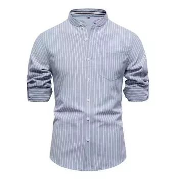 AIOPESON однотонные полосатые мужские рубашки с одним карманом и воротником-стойкой, рубашки с длинными рукавами для мужчин, новые весенние социальные рубашки для мужчин M 70-80kg хаки