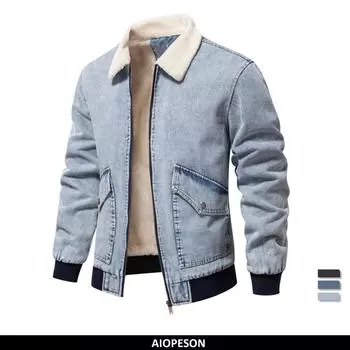 AIOPESON осенне-зимняя мужская куртка с меховым воротником, теплая утолщенная флисовая мужская джинсовая куртка и пальто, повседневная модная мужская джинсовая куртка S 55-65 kg темно-синий
