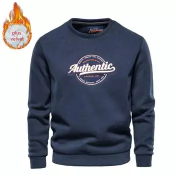 AIOPESON Plus бархатные толстовки с вышивкой мужские однотонные флисовые мужские новые осенне-зимние качественные пуловеры мужские толстовки M 55-65 kg темно-синий