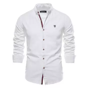 AIOPESON Весенне-летняя рубашка из 100% хлопка, мужская модная однотонная рубашка с воротником-стойкой, мужские рубашки с длинными рукавами, социальная повседневная мужская одежда XS белый