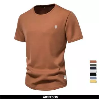 AIOPESON вафельные мужские футболки, однотонные повседневные футболки с круглым вырезом и короткими рукавами для мужчин, новые летние базовые дышащие футболки для мужчин S 60-70 kg коричневый
