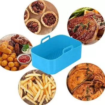 Air Fryer Silicone Pot Rectangle Reusable Replacement Liner Insert Dish Double Basket Chicken Mat for Ninja Airfryer Accessories синий