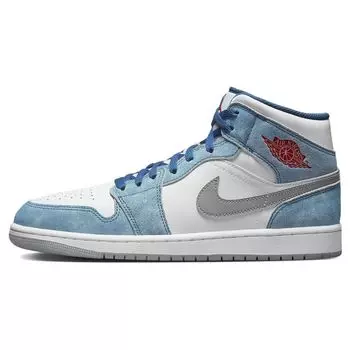 Кроссовки Air Jordan 1 Mid SE French Blue Unisex, белые, светло-стальные, серые, огненно-красные DN3706-401 40