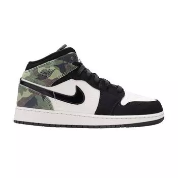 Air Jordan 1 Mid SE GS Camo Kids Sneakers Black Light-Bone CW5550-001