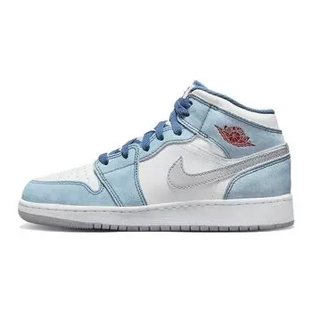 Air Jordan 1 Mid SE GS French Blue Детские кроссовки Белый Светло-Стальной-Серый Огненно-Красный DR6235-401 36