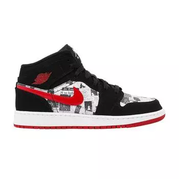 Детские кроссовки Air Jordan 1 Mid SE GS Newspaper Air Times Black Gym-Red White BQ6931-061
