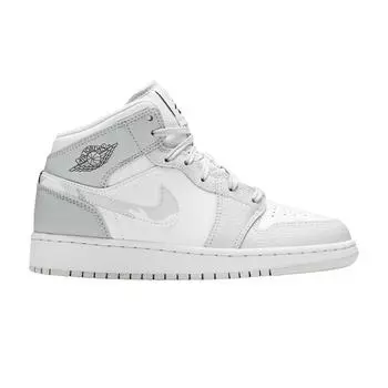 Air Jordan 1 Mid SE GS Swoosh Logo — Серые детские кроссовки с камуфляжным принтом White Photon-Dust Grey-Fog DD3235-100