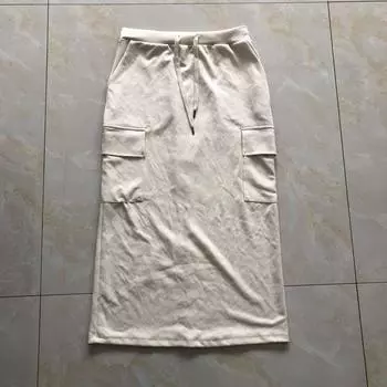 Air Layer Cargo Skirt Spring and Autumn New Foreign Trade Women clothes Half Elastic Waist Elastic Split Midi dress 30913 Beige C- 4-30-4 2XL