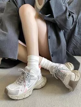 Air Mesh Round Toe Sneakers Thick Sole Mixed Color Comfort Lace Up Sports Casual Shoes 2025 Spring Fashion Women s Shoes 35