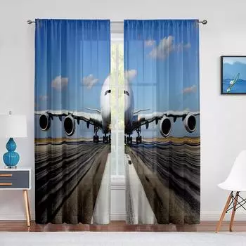 Airplane Aviation Runway Blue Sky Clouds Tulle Curtains for Living Room Bedroom Decoration Sheer Voile Curtain Window Treatments 1 PCS W100XH250cm&Rod Pocket