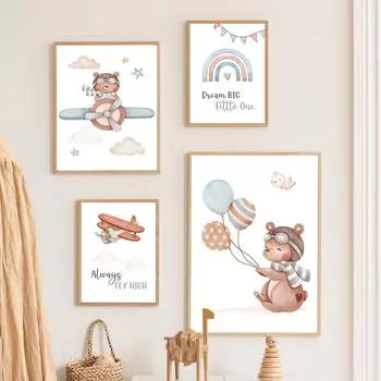 Airplane Bear Balloon Rainbow Dream Quotes Nordic Posters Prints Canvas Painting Cartoon Wall Art Pictures For Kids Room Decor 21X30cm No Frame