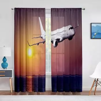 Airplane Flying Over The Sea Sunset Natural Sheer Curtains for Living Room Chiffon Voile WIndow Bedroom Tulle Curtains Drapes 1 PCS W100XH250cm&Rod Pocket