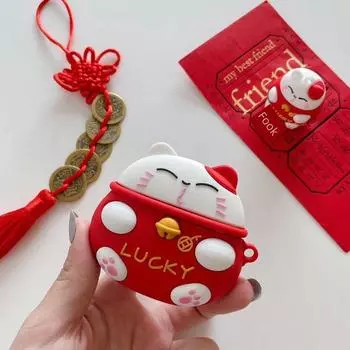 AirPods Cute Silicone Apple Bluetooth Earphone Cover AirPods Pro/Pro2 Red Luckies Cat + Hook