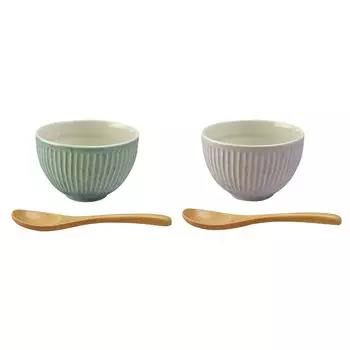 aito Seisakusho Ripple Cereal Bowl Bowl with Wooden Spoon Pair Set Approximately 11cm Microwave and Dishwasher Safe Beige/Green Mino Ware 266341