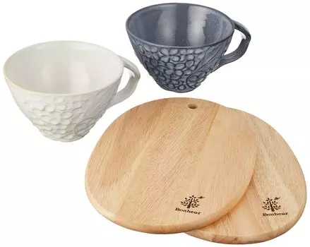 aito Seisakusho Tea Cup White Gray Wooden Plate Tray 23 x 15 cm Pair Set Mino Ware Dishwasher Microwave Safe Made in Japan 267802 Lien & Approx.