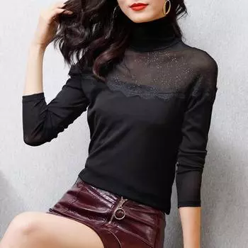 Aiyimaiyi 2023 Осень Женская черная сетчатая рубашка с высоким воротом и яркой шелковой отделкой 2XL