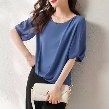 Aiyimaiyi 2023 Summer Stylish Chiffon Short-Sleeve Shirt for Women - Light, Belly-Covering, Slimming, and Loose Fit. Medium