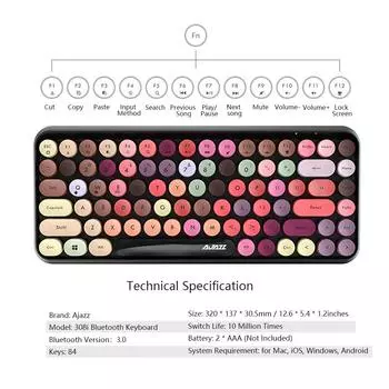 Ajazz 308i Bluetooth-клавиатура с круглым колпачком для клавиш, 10 м, Bluetooth-соединение, 84 клавиши для Windows 2000, зелёный