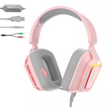 AJAZZ AX368 игровая гарнитура с шумоподавлением микрофон неоновый светодиодный световой эффект проводная совместимая с ПК PS4 PS5 Xbox Nintendo Switch 3,5 мм+USB (3.5 Розовый)