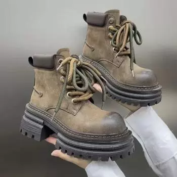 AJGS Ankle Work Boots Women Chunky Platform Chelsea Non Slip Women Shoes Designer Winter New Lace Up Casual Brand Trendy 35 хаки