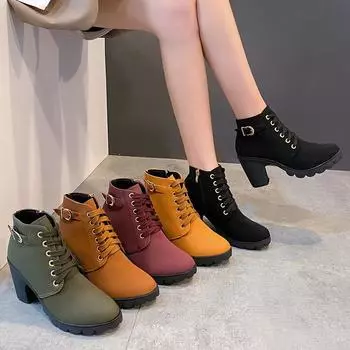 AJGS Autumn Women s Thick Heeled Ankle Boots Women High Heel Platform Boots Female Snow Lace-Up Fashion Boots Botas 35 хаки