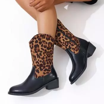 AJGS Brand Design Mid Heelsea Boots Women s Leopard Print Fashion Теплые зимние женские модные ботинки на толстой подошве 36
