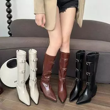 AJGS Fashion Pointed Toe Women Knee High Boots With Female Wedges Shoes Metal Buckle Footwear Ladies Long Booties Slip On Shoes 35