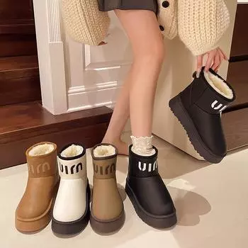 AJGS New Classic Thickened Fluff Women s Snow Boots Leather Warm Ankle Boots Women Winter Ladies Shoes Chunky Ankle Boots 35 бежевый