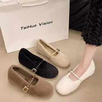 AJGS Новые элегантные туфли Мэри Джейн с пряжкой на ремне из меха, женские удобные мягкие пушистые балетки на плоской подошве, женские плюшевые неглубокие мокасины, лаконичное платье 35 бежевый