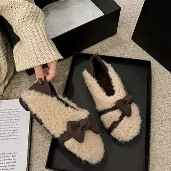 AJGS Роскошные лоферы с подкладкой из овчины Женские слипоны из овечьей шерсти Зимние слипоны Туфли на плоской подошве с бантом Ботинки на босу ногу 35 бежевый