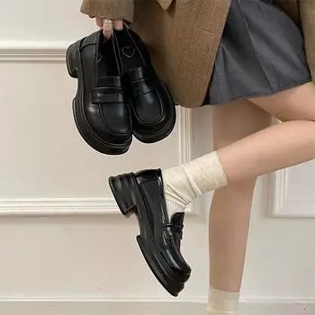 AJGS Shoes Женские туфли на плоской подошве Универсальные осенние повседневные женские спортивные туфли с толстой подошвой и неглубоким носком Платье Creeper PU Hoof Каблуки 35 матовый черный