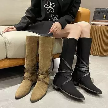AJGS Women Boots Suede Cross-lace Autumn and Winter Women s Shoes Mid-calf Women s Pull-on Simple Pleated Fashion Boots 35 хаки